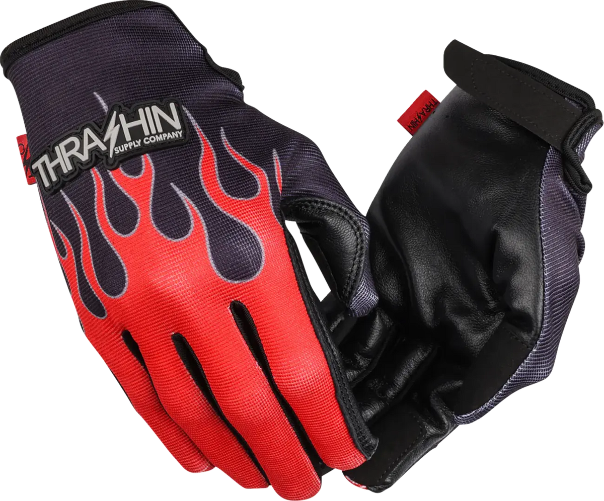 Thrashin Supply Co Stealth Leather Palm Flame Gloves Red