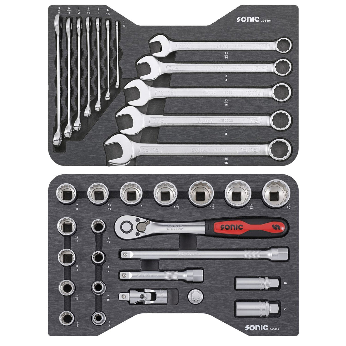 Sonic combination socket/wrench set 1/2'' 34-piece - US/SAE