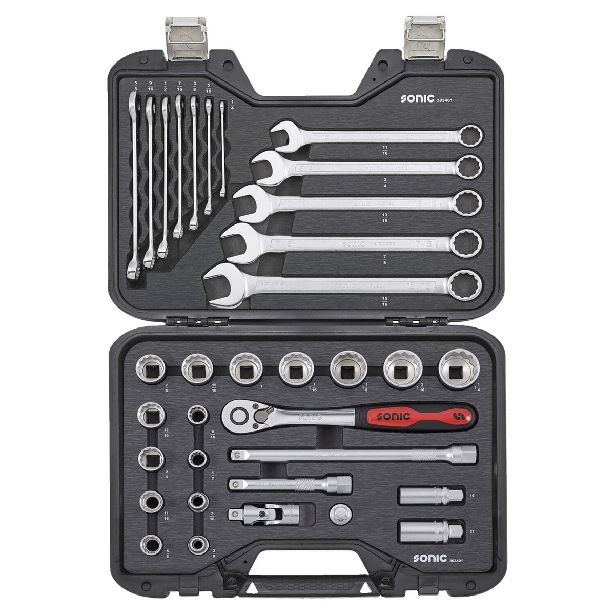 Sonic combination socket/wrench set 1/2'' 34-piece - US/SAE