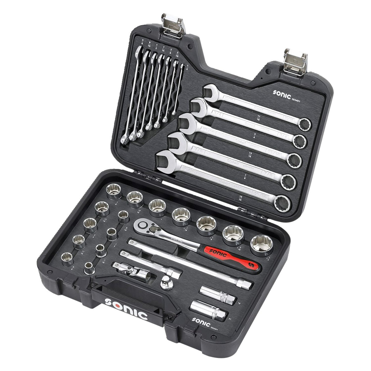 Sonic combination socket/wrench set 1/2'' 34-piece - US/SAE