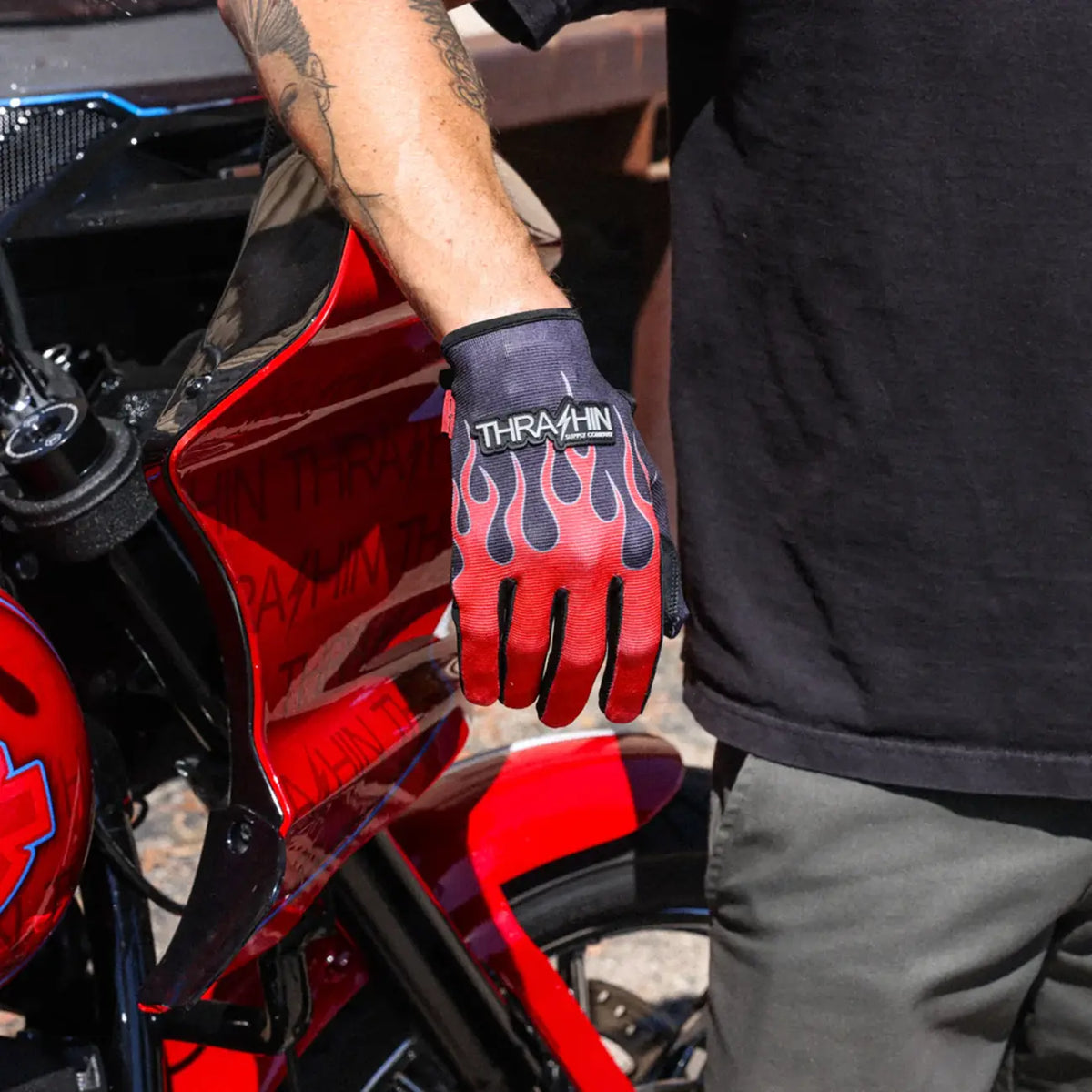 Thrashin Supply Co Stealth Flame Leather Palm Gloves Red