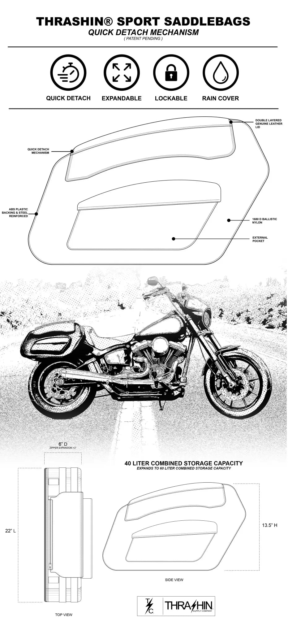 Thrashin Supply Co Sport Saddlebags Quick Detach Black 60 Liter