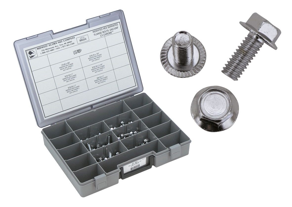 Midwest Acorn Nut Company Chrome Plated Indented Hex Serrated Flange Bolts Assortment – Hardware